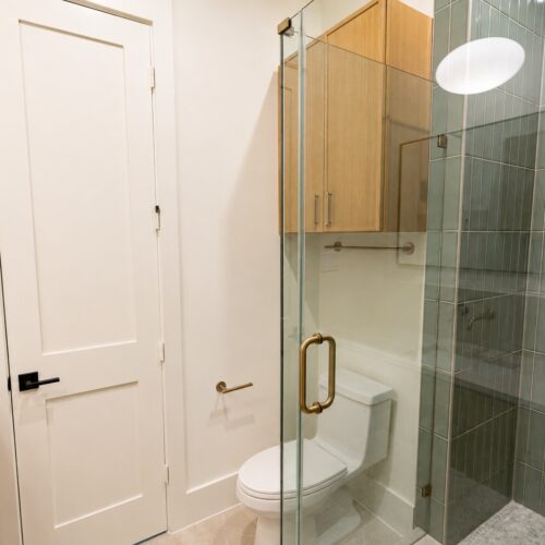First-floor bathroom in luxury Houston Heights home with walk-in glass shower and contemporary design.